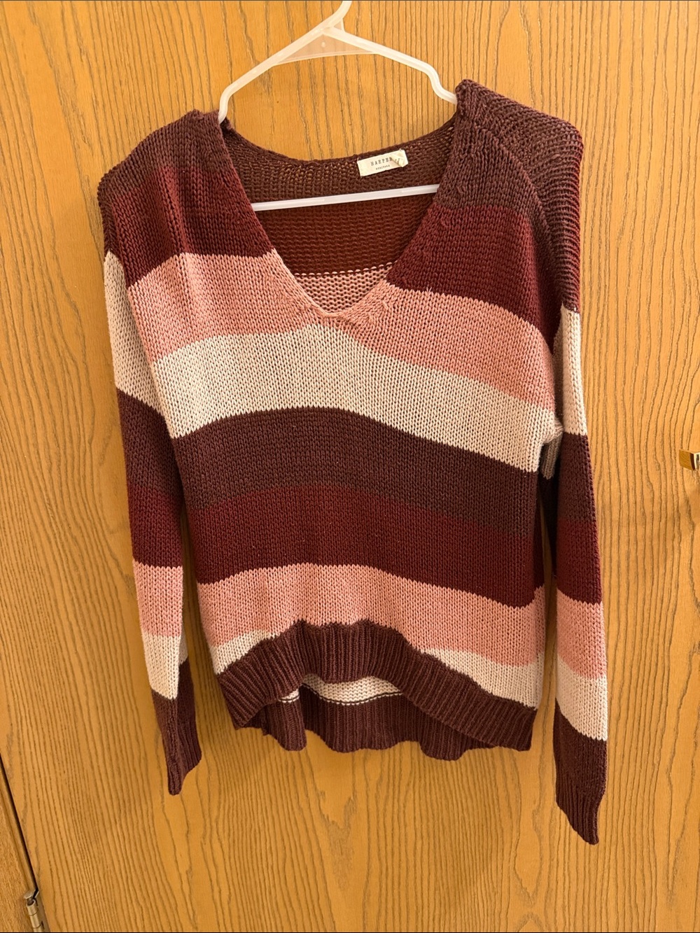Harper Striped V-Neck Sweater in Mauve, Blush & Cream